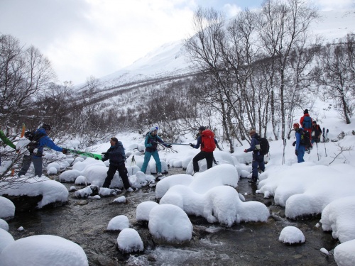 Crossing the river on our second day ski touring