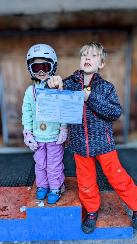 Dylan and Hazel at the Esprit ski end of week ceremony. Image c/o Tim Clark.