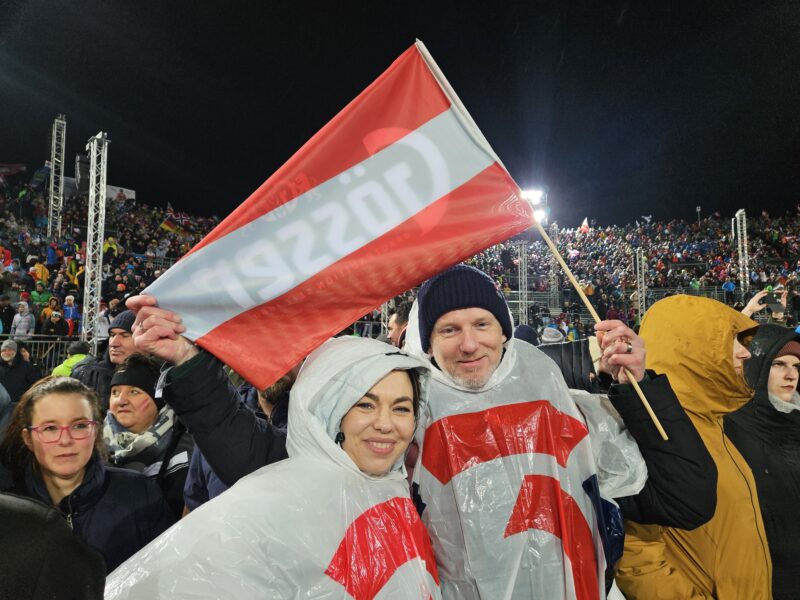 Austrian fans in the rain at the 2024 Schladming night slalom. Image © PlanetSKI