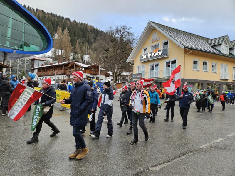 Fans heading for the Schladming night race 2024 Image © PlanetSKI