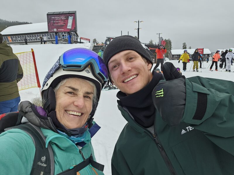 PlanetSKI's Jane Peel with Norwegian freestyle skier, Birk Ruud in Trysil, Norway, March 2024. Image © PlanetSKI