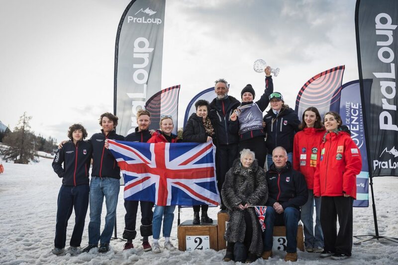 Jasmin Taylor celebrates winning 2 Telemark Crystal Globes for 2023-24 with the GB crew. Image © FIS Telemark