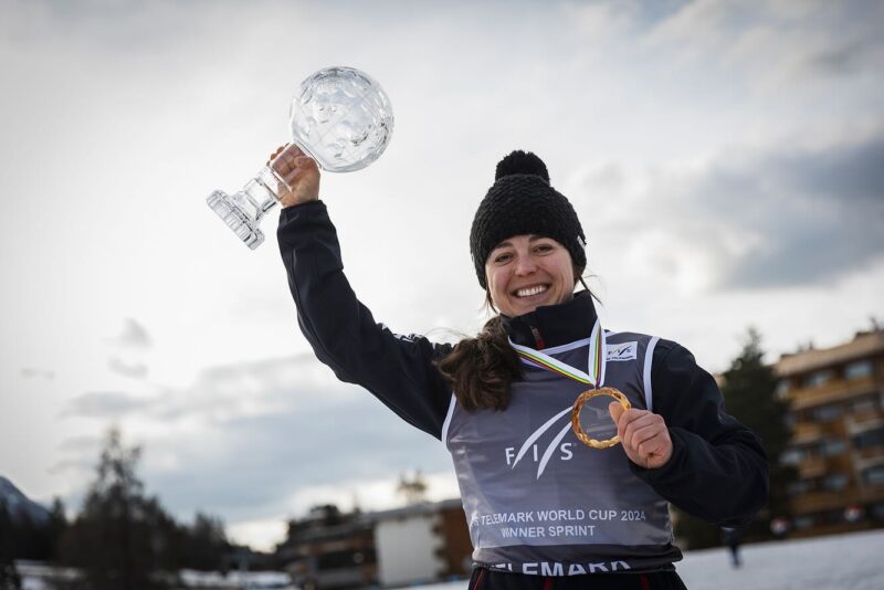 Jasmin Taylor wins the Women's Telemark Sprint crystal globe, March 2024. Image © FIS Telemark