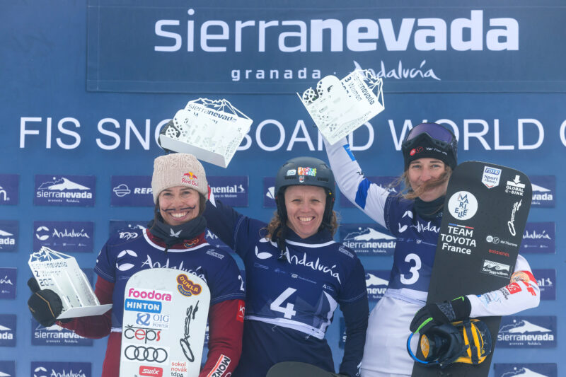 Charlotte Bankes wins SBX World Cup, Sierra Nevada, 2 March 2024. Image © Mina Matavz/FIS