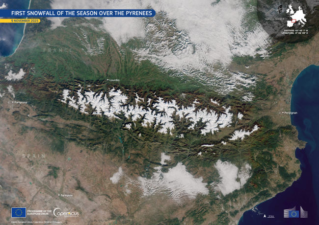 First snow across the Pyrenees. Image c/o Copernicus Sentinel-3 satellite.