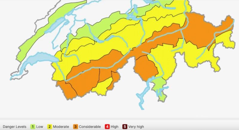 Avalanche risk in Switzerland, Tuesday 20th January. Image c/o SLF.