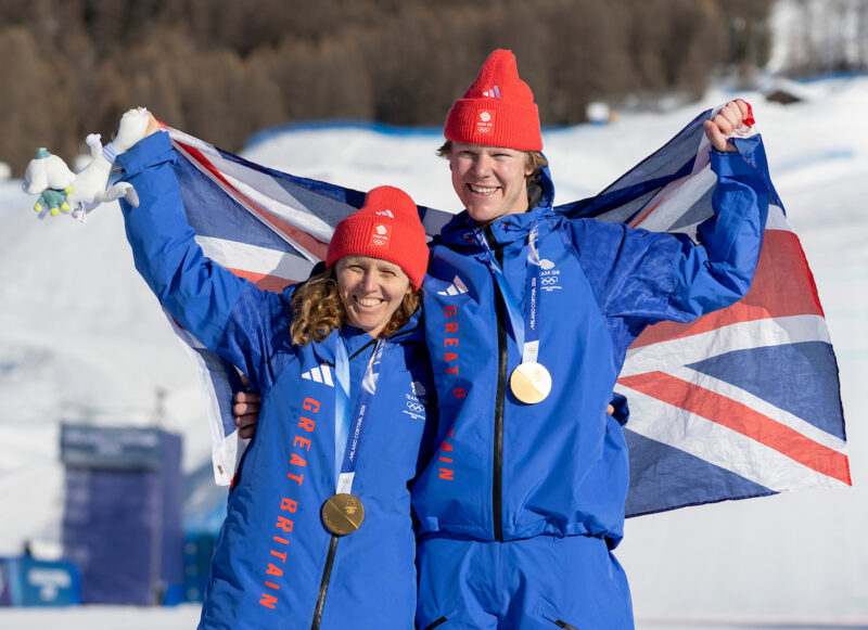 Charlotte Bankes and Huw Nightingale, 2026 Olympic Champions in Mixed Team SBX. Image © Sam Mellish/Team GB