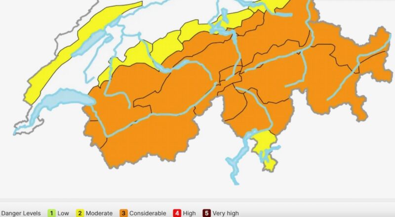 Avalanche risk in Switzerland on Tuesday 24th February. Image c/o Swiss Institute for snow and avalanche research.