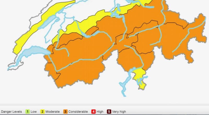 Avalanche risk in Switzerland on Wednesday 25th February. Image c/o Swiss Institute for snow and avalanche research.