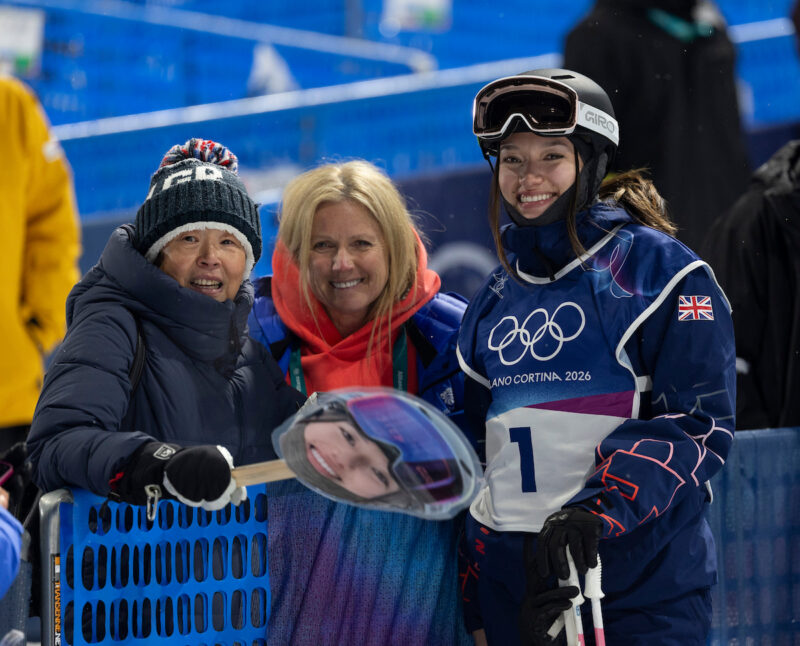 Zoe Atkin with her mum and GB Snowsport CEO, Vicky Gosling at the 2026 Milan-Cortina Olympics. Image © Sam Mellish/Team GB