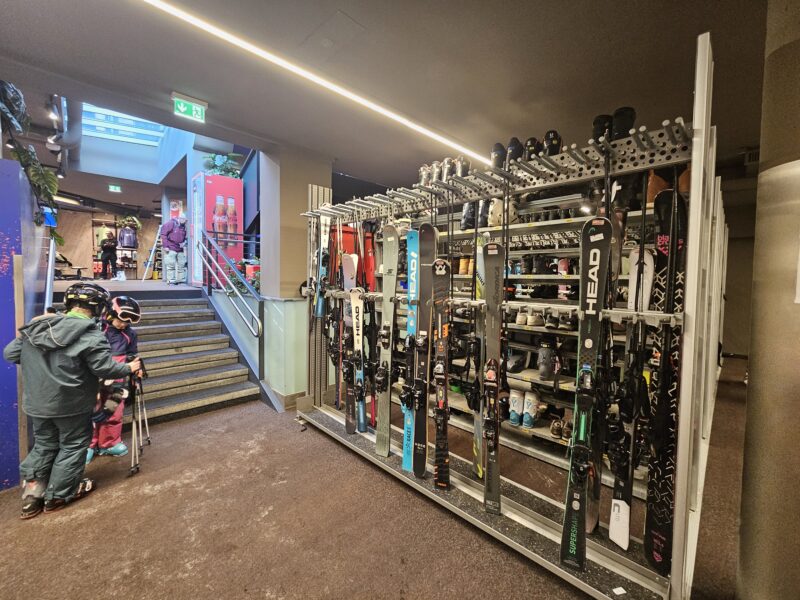 Ski storage area at Intersport Galzigbahn in St Anton, Austria. Image © PlanetSKI