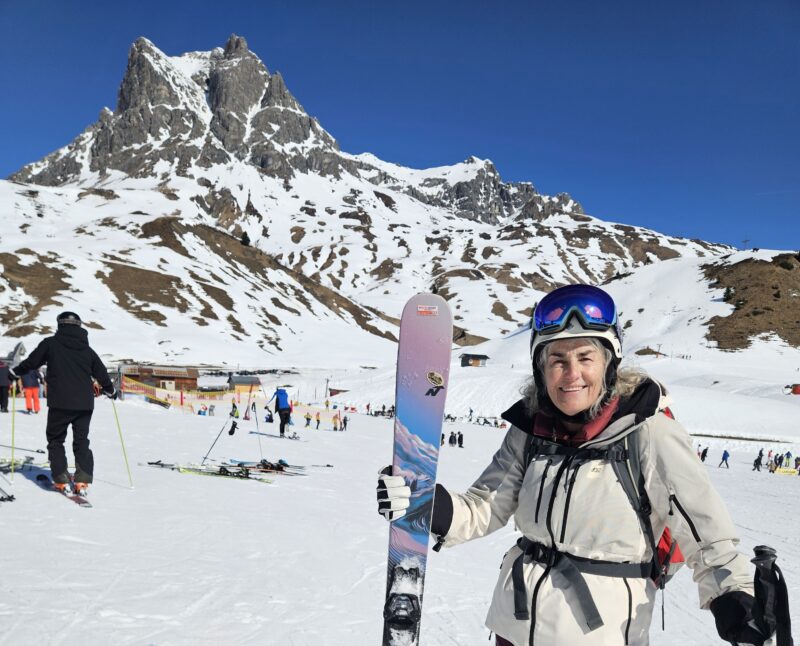 Jane with her Intersport rental skis in Warth, Ski Arlberg, Austria. Image © PlanetSKI